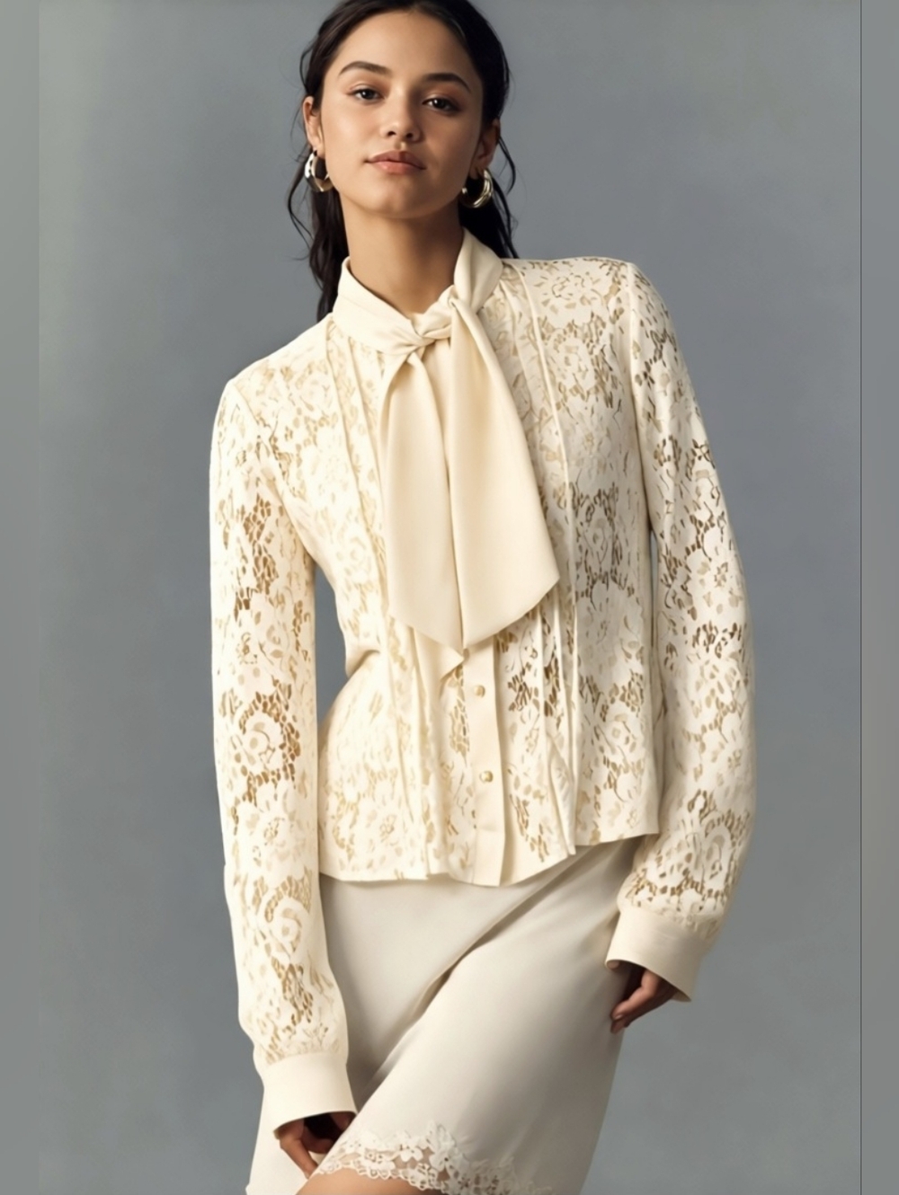 Zara Pearl Button Lace Blouse lvory